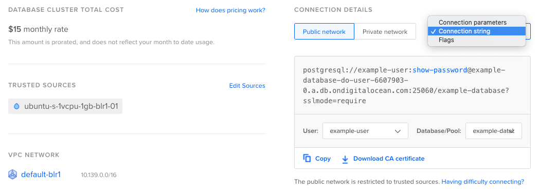 Screenshot of the connection string in the control panel