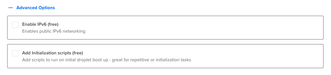 The advanced options section of the Droplet creation page.